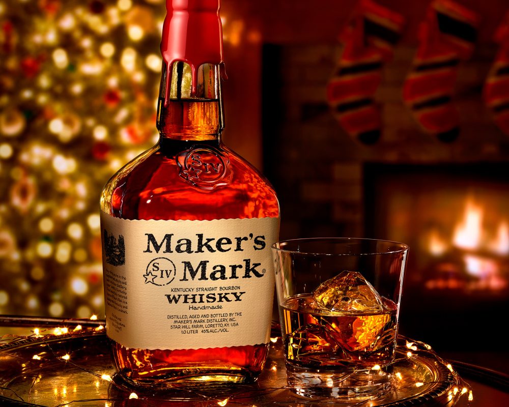 Makers Mark bottle and glass holiday photo by Jens Johnson Photography. Premium food, beverage, and product photography for Connecticut and New York.
