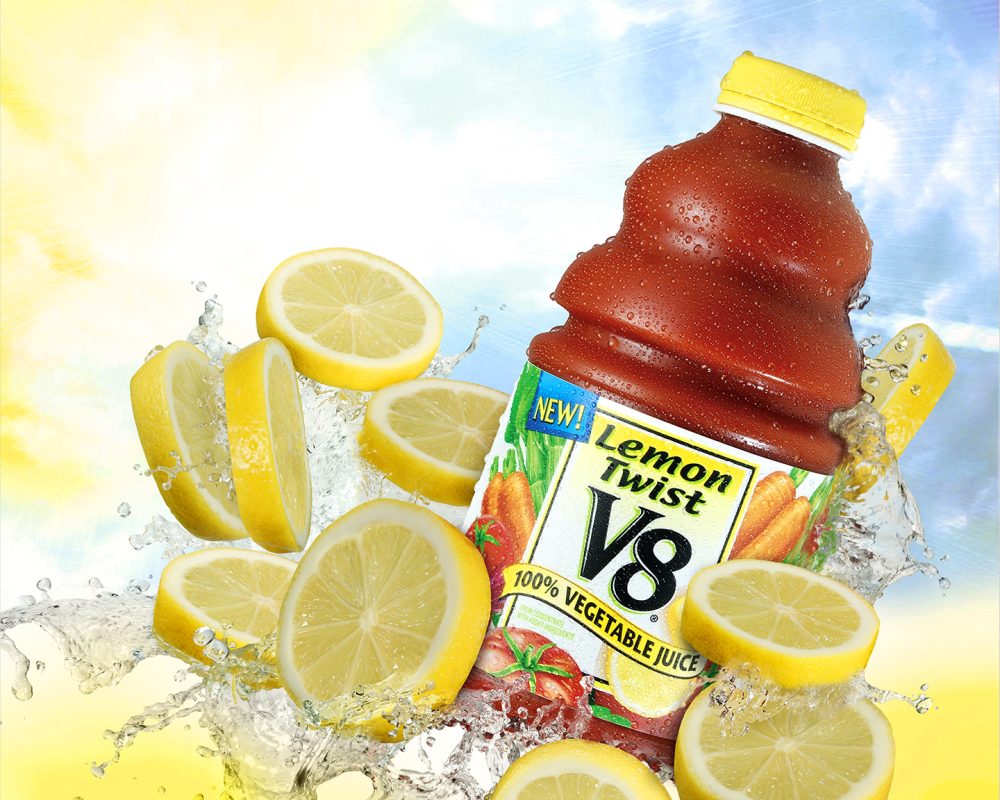 V8 Lemon Twist Splash photo by Jens Johnson Photography. Premium food, beverage, and product photography for Connecticut and New York.