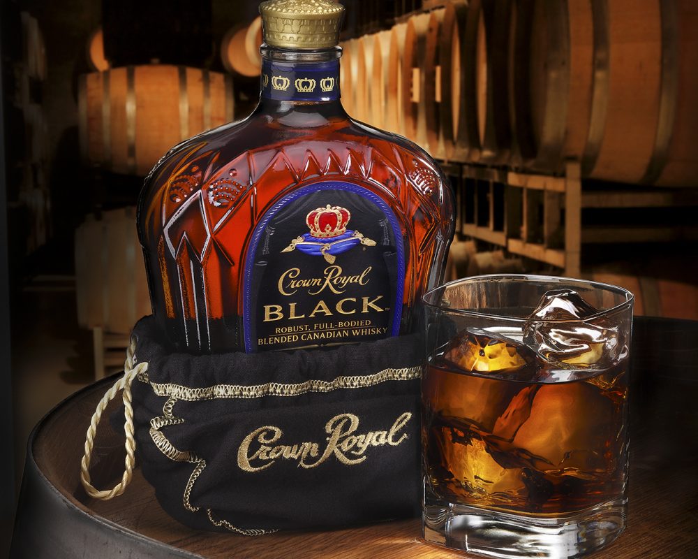 Crown Royal Black bottle and glass  photo by Jens Johnson Photography. Premium food, beverage, and product photography for Connecticut and New York.