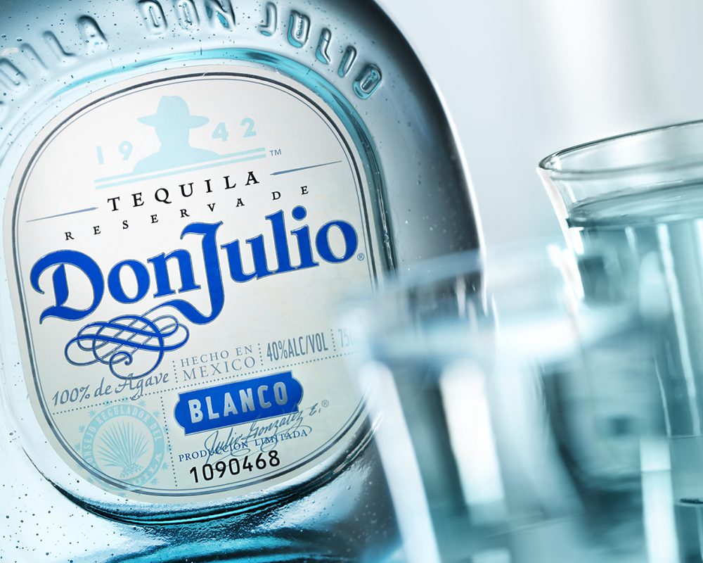 Don Julio bottle and shot glasses photo by Jens Johnson Photography. Premium food, beverage, and product photography for Connecticut and New York.