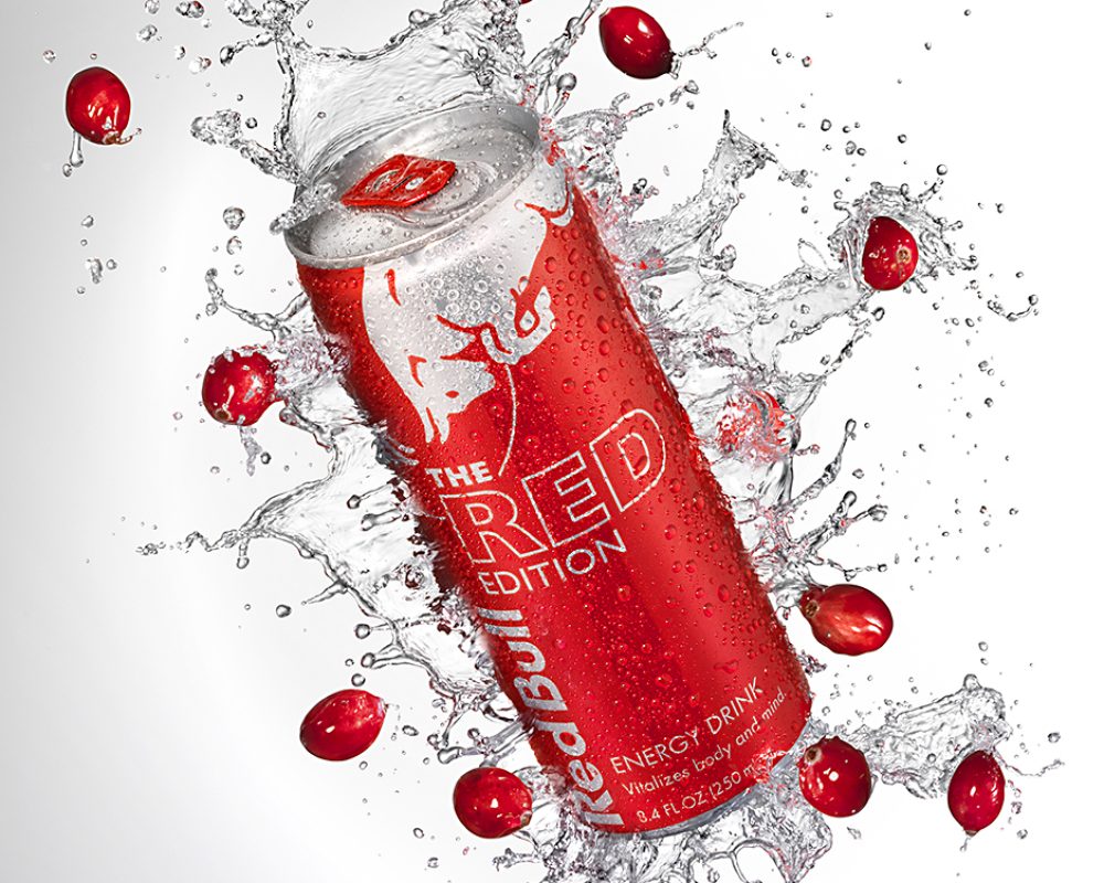 Redbull Cranberry Spash photo by Jens Johnson Photography. Premium food, beverage, and product photography for Connecticut and New York.